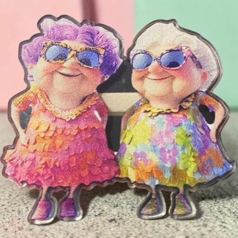 2D flat acrylic brooch featuring two whimsical, elderly women